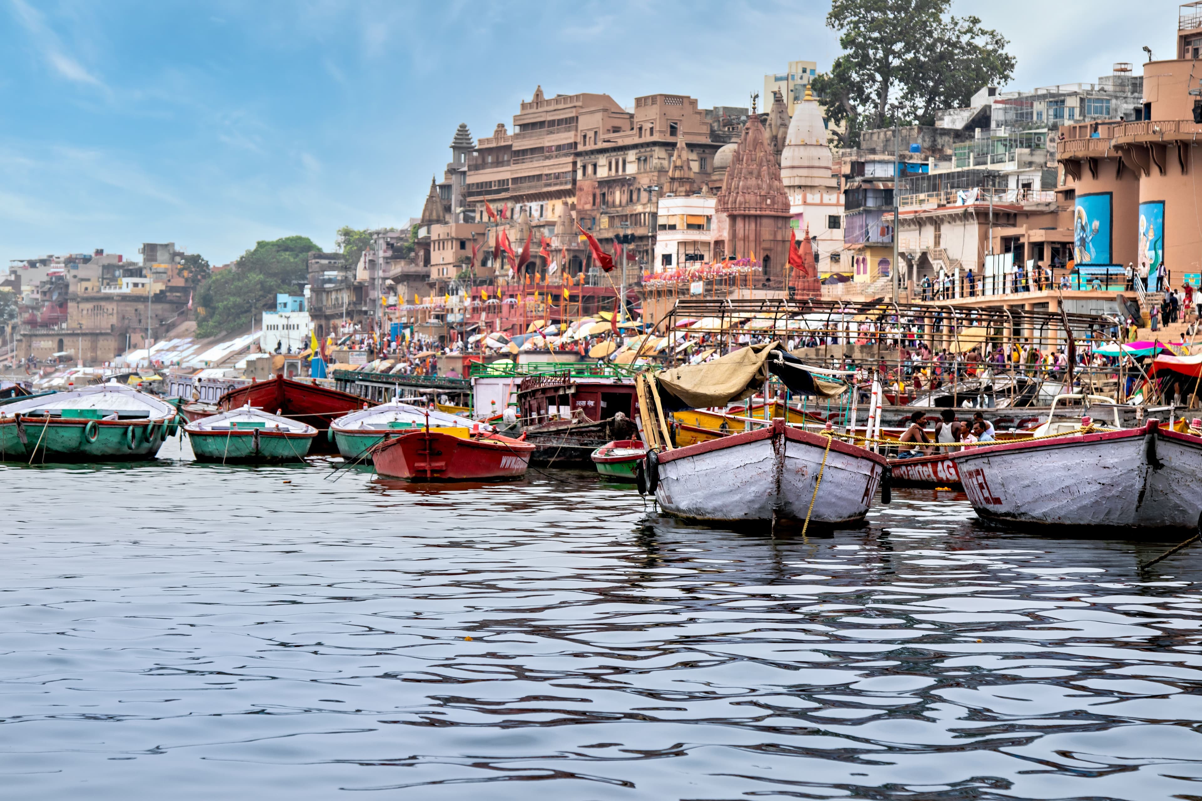 Panoramic view of countless ghats steps stretching along the Ganges riverfront in Varanasi