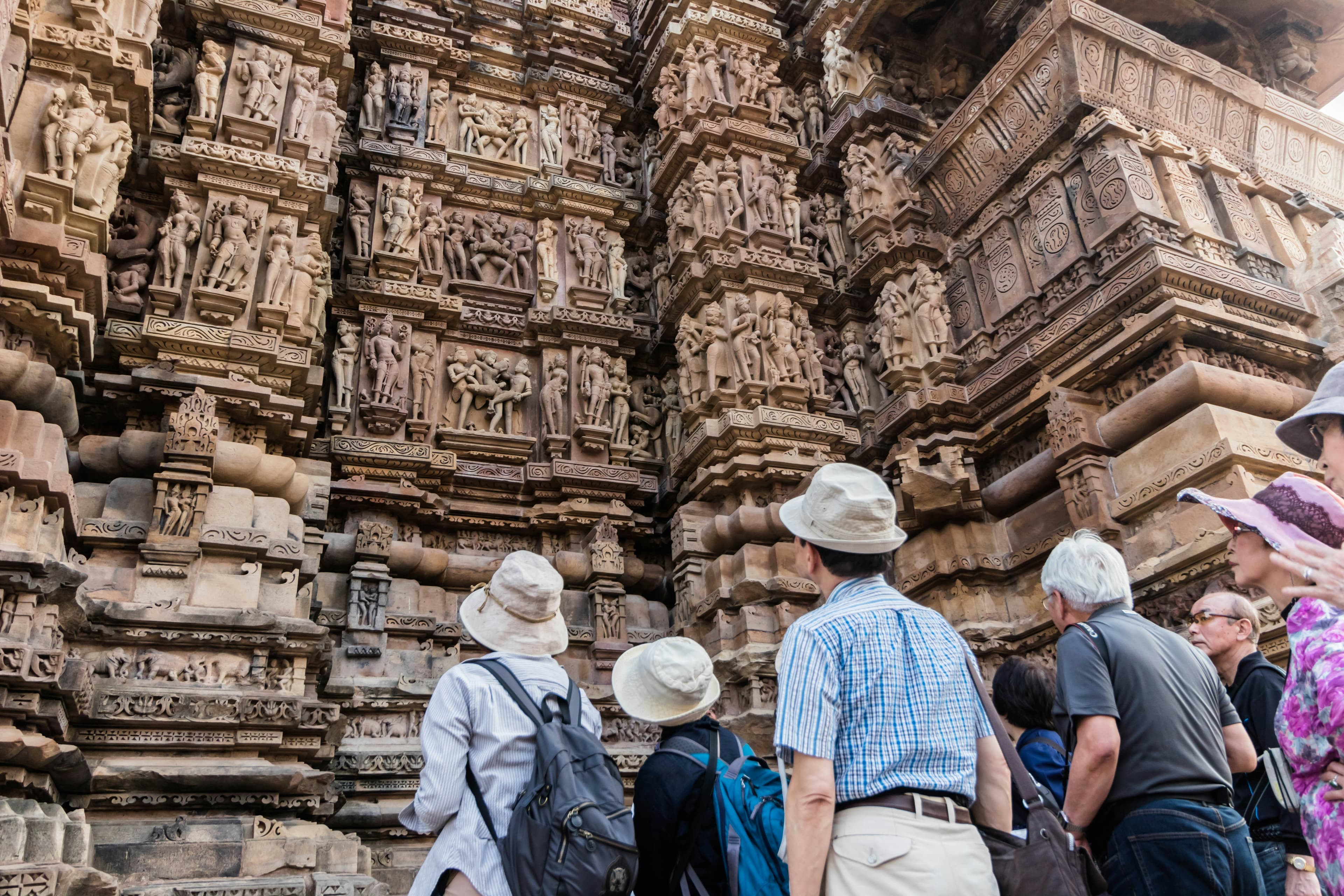 Detail of the curvilinear shikhara tower of a Khajuraho temple showing Nagara architectural style