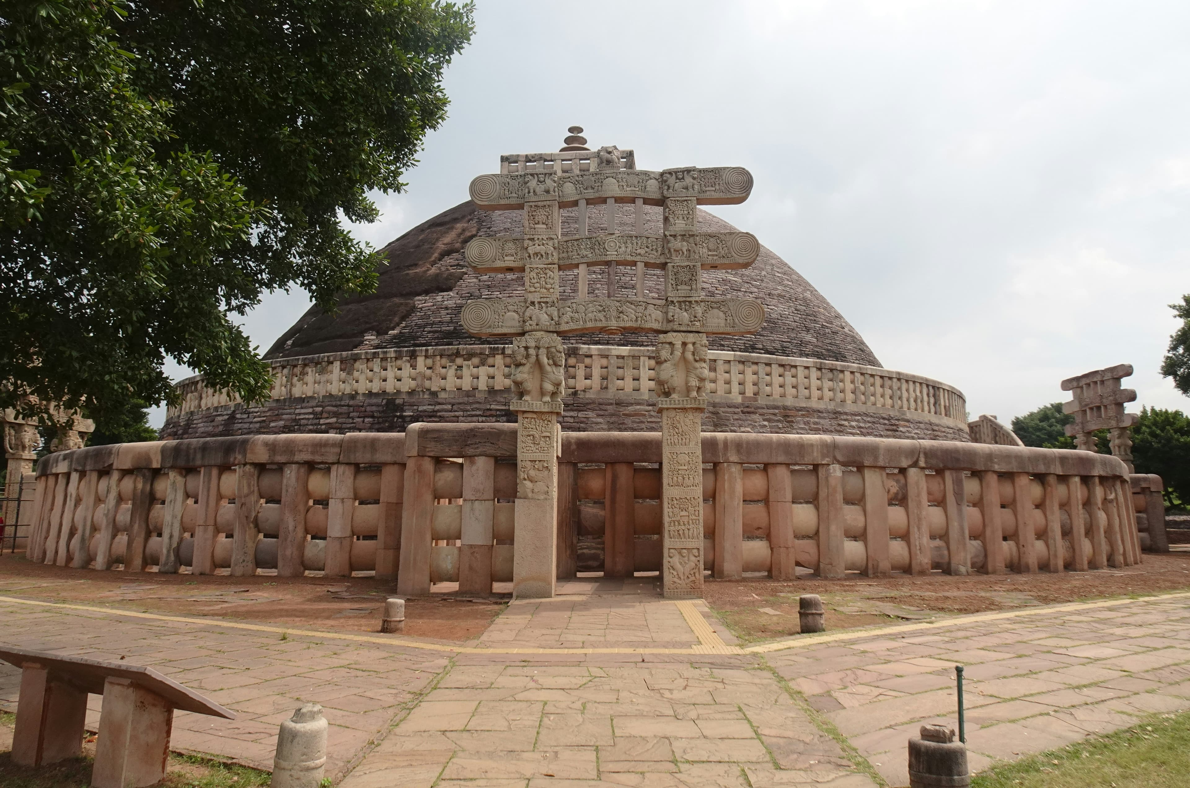 Panoramic view of the Sanchi Stupa complex on its hilltop in Madhya Pradesh at dawn